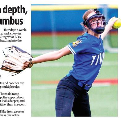Kaitlyn Mamay delivers a pitch during the 2025 season for Lake Oconee Academy. The junior returns as the reigning Region Pitcher of the Year and will play a key role as the Titans look to make a deeper postseason run in 2026. LANCE McCURLEY/Staff