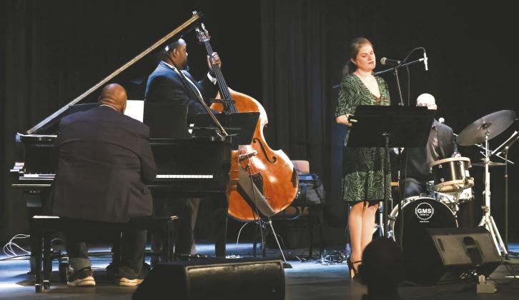 Vocalist Nicole Chillemi joined Jazz Legacy musicians (l-r) Louis Heriveaux on piano, bassist Kevin Smith, drummer and narrator Justin Varnes, and saxophonist John Sandfort (below) in presenting the music of Georgia native Johnny Mercer last week at Festival Hall in Greensboro.