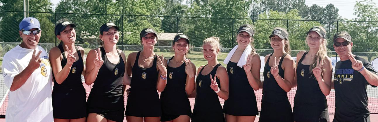 The Lake Oconee Academy girls tennis team poses for a photo after defeating Miller County 3-2 on May 8 to advance to the GHSA Class A Division II state championship match. CONTRIBUTED