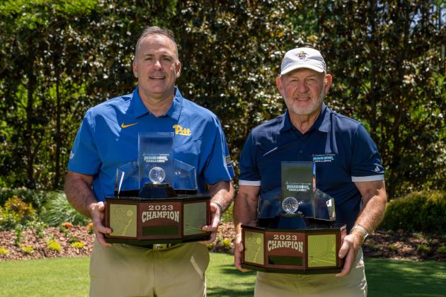 Chan Gailey and Pittsburgh head coach Pat Narduzzi after winning the 2023 Southern Company Peach Bowl Challenge, Tuesday, May 2, 2023, in Greensboro, Ga. (Paul Abell via Abell Images for the Southern Company Peach Bowl Challenge)