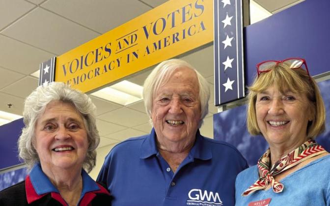 Nancy Bell, Chip Bell, and Lyn Romine played major roles in bringing The Smithsonian Institution’s “Voices &amp; Votes: Democracy in America” traveling exhibit to Eatonton. They recently led docent training for the event, too. IAN TOCHER/Staff