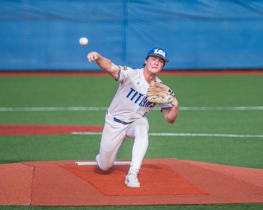 Ty Hiter gets set to deliver a pitch from the mound for the Titans in Game 2 against Treutlen. SKYLA MORRIS/Staff