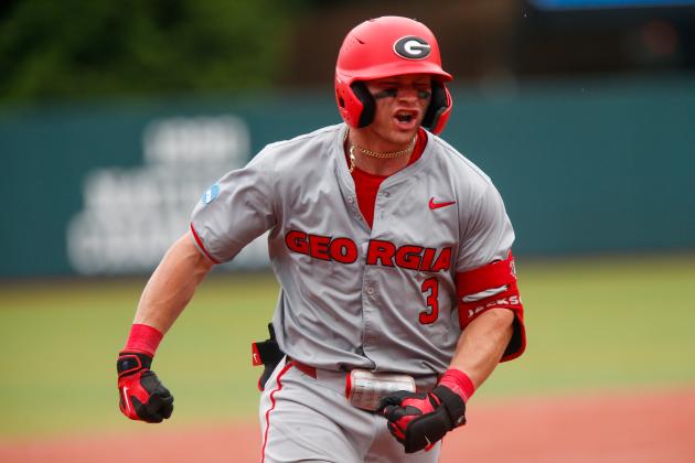 Georgia catcher Daniel Jackson rounds third base after blasting the go-ahead two-run home run in the top of the 10th inning against Mississippi State in Game 2 of the Athens Super Regional. LANCE MCCURLEY/Staff