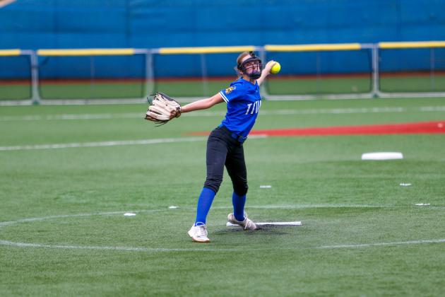 Kaitlyn Mamay delivers a pitch during the 2025 season for Lake Oconee Academy. The junior returns as the reigning Region Pitcher of the Year and will play a key role as the Titans look to make a deeper postseason run in 2026. LANCE McCURLEY/Staff