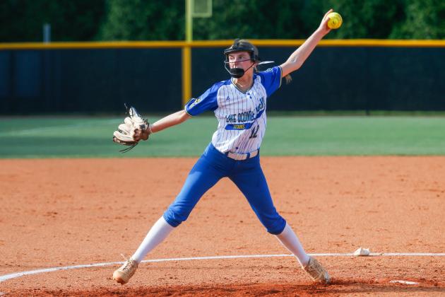 LOA sophomore pitcher Kaitlyn Mamay delivers a pitch during a road game against North Oconee in Bogart on Aug. 3. LANCE McCURLEY/Staff