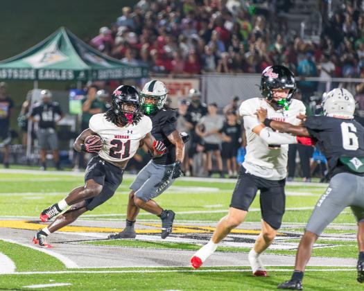 Morgan County sophomore Running back Aiden Lawrence makes a run down field in a game earlier in the season. SKYLA MORRIS/Staff