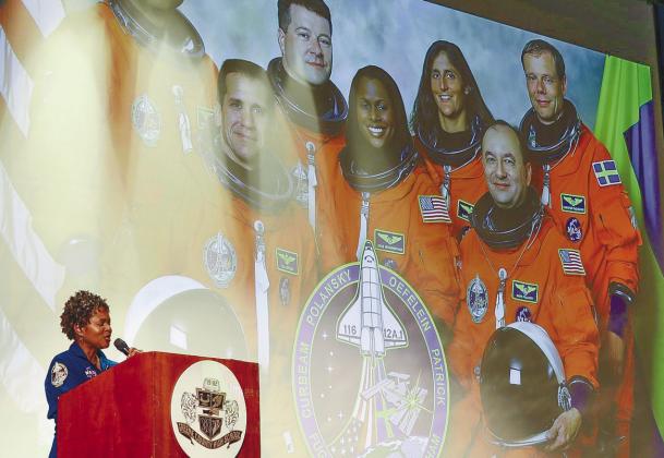 Astronaut Joan Higginbotham, whose time with NASA included a flight on the Space Shuttle Discovery, speaks to Greene County High School students. CONTRIBUTED