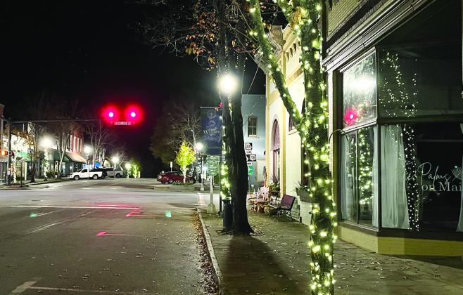 White lights adorn downtown Greensboro as the holidays approach. Lighting of the Christmas tree will be held at Festival Hall on Friday, Dec. 1.