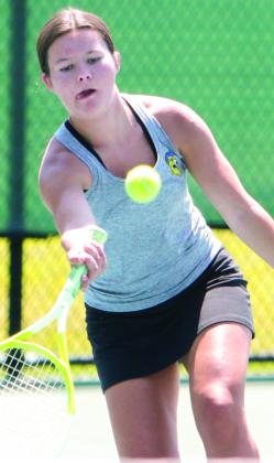 Lake Oconee Academy’s Mary Claire McCommons, with partner Lainee Carter (not pictured), helped the team secure the No. 2 doubles point against Miller County to advance. LANCE McCURLEY/Staff