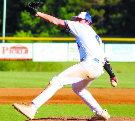 Lake Oconee Academy pitcher Trace Wood (4) in the wind-up during game two against Schley County. LANCE MCCURLEY/Staff