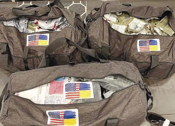 Some of the many du_e bags stued with medical supplies recently shipped to Ukraine by LCMAU thanks to the generosity of Lake Country residents. CONTRIBUTED