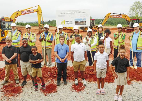 Students joined GCSS officials, Board of Education members, teachers and parents to break ground for Greene’s County’s new elementary school. The site is on Meadow Crest Road. CONTRIBUTED
