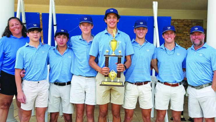 The Lake Oconee Academy boys golf team poses for a photo after winning the Area Championship on May 4. The Titans capped off their season later that month by capturing the GHSA Class A Division II state championship. CONTRIBUTED