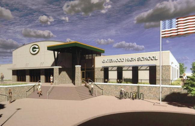 An artist’s rendering of the coming Gatewood High School illustrates its single-story design, highlighted by a tall, central auditorium. CONTRIBUTED