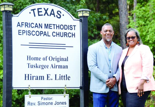 Grady and Simone Jones, pastor at Texas AME Church, were instrumental in helping make the soon-tobe revealed bronze statue of Tuskegee Airman Hiram Little a reality for Eatonton. An open-to-the-public unveiling ceremony is scheduled for 11 a.m. Sept. 30 at the Veterans Wall of Honor Park alongside East Marion Street, near The Hut in downtown Eatonton. IAN TOCHER/Staff