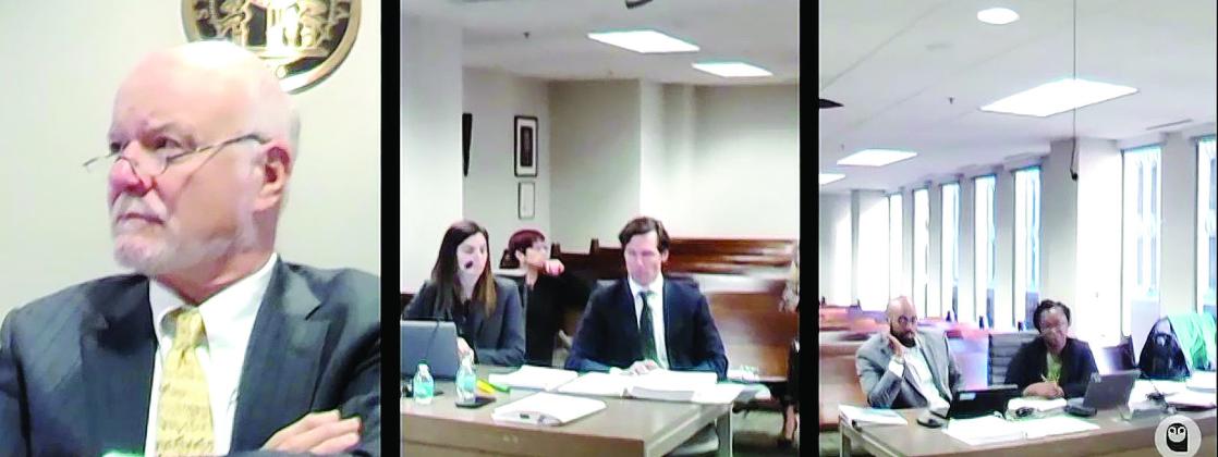 Savannah Court license revocation hearings last week. Judge Charles Beaudrot (bottom left) listens to testimony via Zoom. Attorneys for Savannah Court (middle) question a witness while lawyers for the Department of Community Health (right) listen.