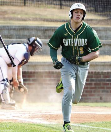 Gatewood’s Trey Wiggins (9) heads to first base on a walk after taking ball four from a GWA pitcher. TREY NORRIS/ Staff