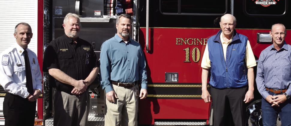 Greene County officials (l-r) Chief Rodney Wiggins, Emergency Management Agency Director Joe Bashore, County Manager Byron Lombard and Commissioners Ernie Filice and Gary Ursy attend the Engine 10 push-in ceremony. T. MICHAEL STONE/Staff