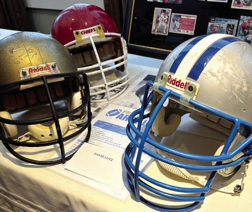 David Lutz’s football helmets on display at the reception.