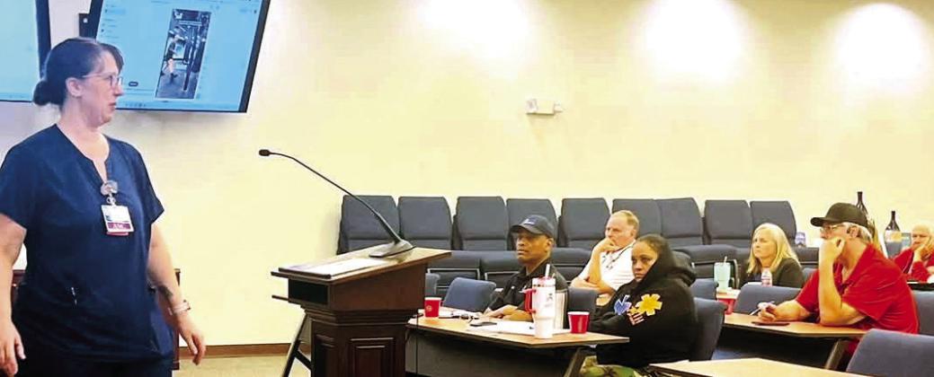Whitney Barfield of St. Mary’s Athens (left) addressed a group of Putnam County and Eatonton-based first responders last Wednesday on how to treat stroke victims upon arrival at an emergency call. CONTRIBUTED