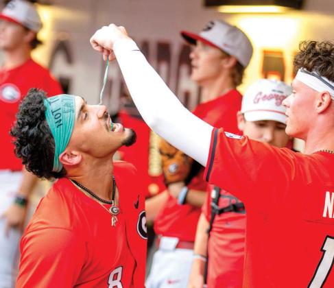 Rylan Lujo (8) takes part in Georgia’s post-home run celebration as teammate Scott Newman feeds him a Sour Power candy strip from Buc-ee’s. SKYLA MORRIS/Staff