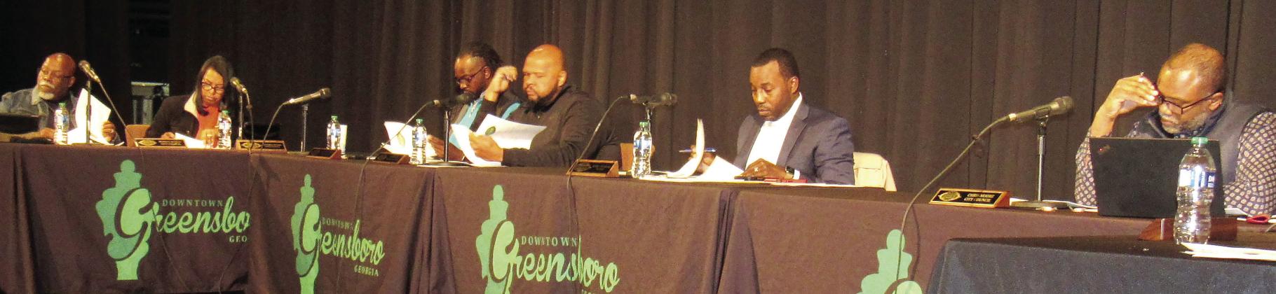 Greensboro City Council met at Festival Hall Tuesday night. (from left) City council members Morris Miller, Cynthia Rivers, Jontaviuis Smith, Mayor Pro-tem David Neal, Mayor Corey Williams and council member Chris Moore. MARK ENGEL/Staff