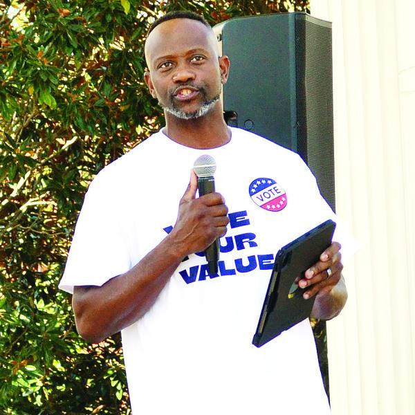 Pastor Derrick Worrell of First St. Paul Baptist Church centered his remarks around gun safety and responsibility. T. MICHAEL STONE/Staff