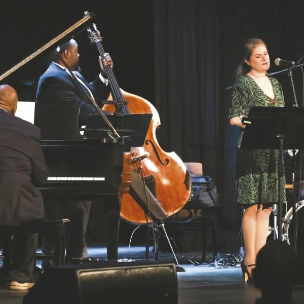 Vocalist Nicole Chillemi joined Jazz Legacy musicians (l-r) Louis Heriveaux on piano, bassist Kevin Smith, drummer and narrator Justin Varnes, and saxophonist John Sandfort (below) in presenting the music of Georgia native Johnny Mercer last week at Festival Hall in Greensboro.
