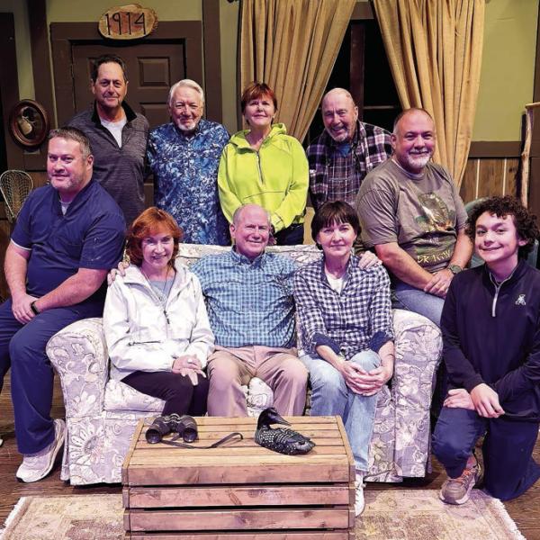 The cast of On Golden Pond at The Plaza includes (standing l-r): Lou Benjamin, Dennis McClain, Robin Cassidy, and Pete Stephan, with (sitting l-r): Andrew Tam, Sarah Daily-Weir, Bill Dudley, Jackie Hill, Brent Mero, and Luis Quinones. CONTRIBUTED