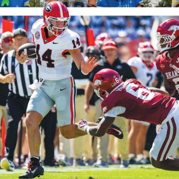 Georgia quarterback Gunner Stockton ran for 122 yards on seven attempts, including one62-yard run. He recorded 147 yards and a score through the air. COURTESY OF UGA ATHLETICS