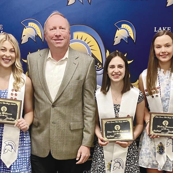 Lake Oconee Academy scholarship recipients, from left: Travis Shurling, Lucy Williams, Frank Rowan (Elks Lodge Scholarship Chair), Elisa Garcia-Carreras, Hailey Heinen and Rhett Smith. CONTRIBUTED