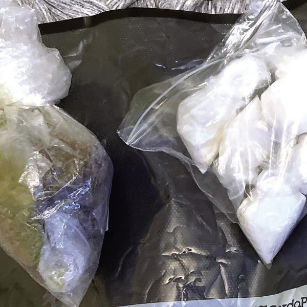 A half-pound each of marijuana and methamphetamine along with some scales were seized from a house on Sparta Highway, where almost a dozen chained dogs also were found. CONTRIBUTED/PCSO