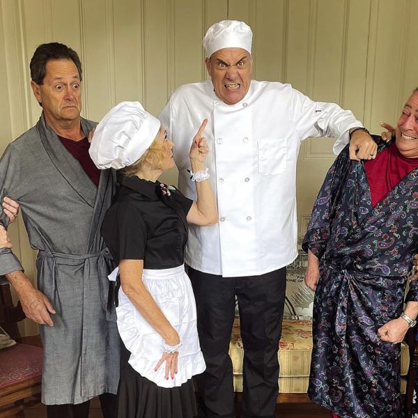 L-R: Michele Saarela, Lou Benjamin, Beth Mappes, Art Shutt, Michael Homeier, and Dianne Shinneman carry the entire acting load in PAPA’s production of “Don’t Dress for Dinner” later this month at The Plaza Arts Center in Eatonton. CONTRIBUTED
