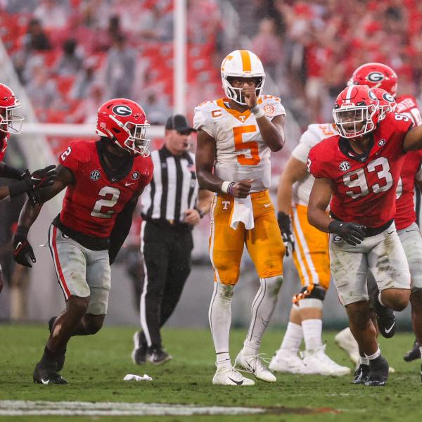Georgia defensive lineman Tyrion Ingram-Dawkins (93) celebrates after picking up a fumble against Tennessee. TONY WALSH/UGA Athletics
