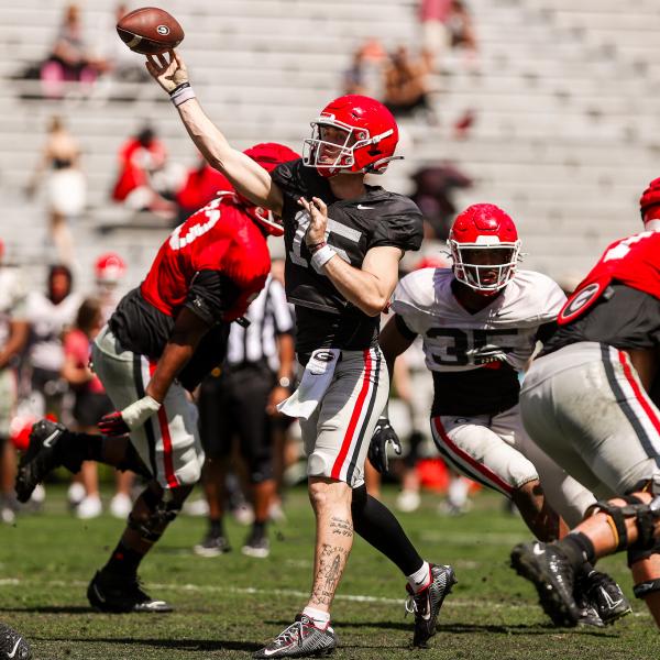 Georgia quarterback Carson Beck (15) during Georgia’s spring practice on Dooley Field at Sanford Stadium in Athens, Ga., on Saturday, April 1, 2023. (Tony Walsh/UGAAA)