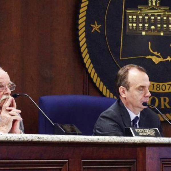 L-R: Putnam County Commissioners Jeff Wooten (Dist. 4), Dr. Steve Hersey (Dist. 3), Richard Garrett (Dist. 2), and Commission Chairman Bill Sharp listened to presentations about Georgia House Bill 581 while District 1 Commissioner Tom McElhenney attended the meeting by phone. IAN TOCHER/Staff