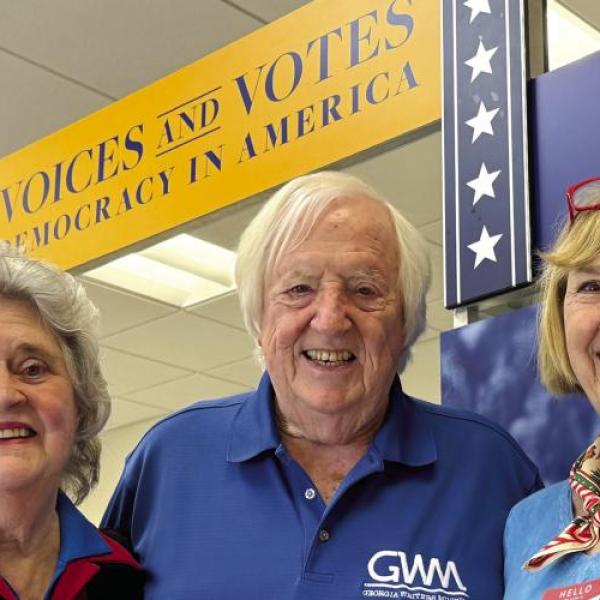 Nancy Bell, Chip Bell, and Lyn Romine played major roles in bringing The Smithsonian Institution’s “Voices & Votes: Democracy in America” traveling exhibit to Eatonton. They recently led docent training for the event, too. IAN TOCHER/Staff