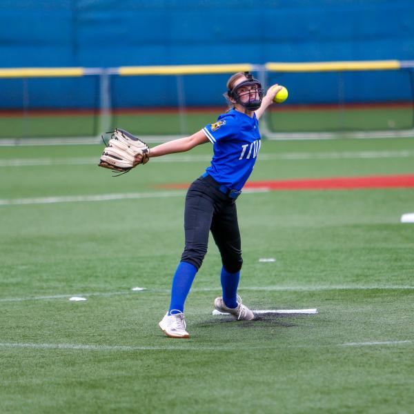 Kaitlyn Mamay delivers a pitch during the 2025 season for Lake Oconee Academy. The junior returns as the reigning Region Pitcher of the Year and will play a key role as the Titans look to make a deeper postseason run in 2026. LANCE McCURLEY/Staff