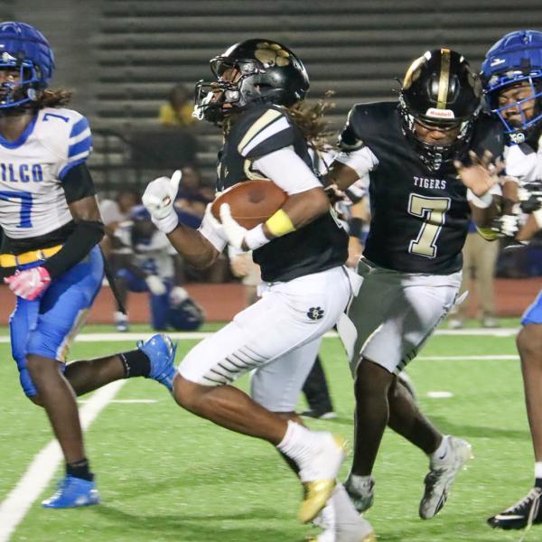Greene County junior Kaden Cummings (3) rushed for 96 yards on eight carries and scored two touchdowns, including the game-winning score, in the Tigers’ win over Wilkinson County on Aug. 28. MOMMA D'S PIX/Contributed