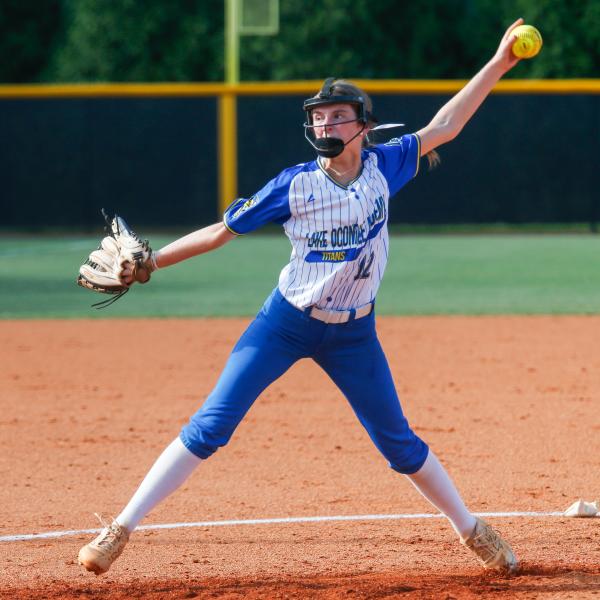 LOA sophomore pitcher Kaitlyn Mamay delivers a pitch during a road game against North Oconee in Bogart on Aug. 3. LANCE McCURLEY/Staff