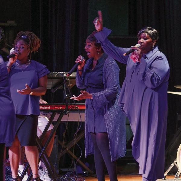 The Sisters of Faith, out of Griffin, opened the second half of Saturday night’s Mothers Against Crime Gospel and Praise Concert at Putnam County Middle School’s Little Theater in Eatonton. IAN TOCHER/Staff
