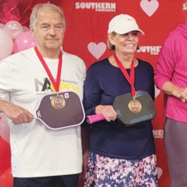 Charlie Eisele and Gloria Koch won the gold medal in doubles 3.0, 70-75 age group, and also silver for the doubles 3.5, 70-75 age group, at the Macon Love Tournament. CONTRIBUTED