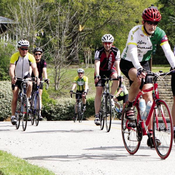 Riders pedal into downtown Union Point during a past Ticket to Ride event. This year, Union Point will host its start, finish, and SAG location at Union Pharmacy, including food trucks from 11 a.m. to 2 p.m. CONTRIBUTED