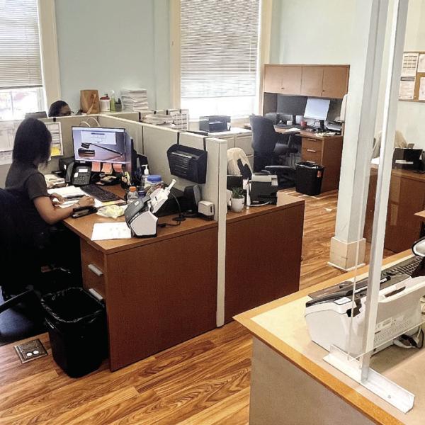 The most crowded space in the courthouse is the Clerk of Superior Court’s office with 6 desks behind the customer service window. MARK ENGEL/Staff