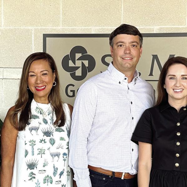 (L-R) Gala committee member Chuck Shaheen, gala chair and foundation board member Riezl Baker, Landmark Development and Construction owners Brandon and Emily Burgess, and gala committee member Christa Hyatt pose for a photo at St. Mary’s Good Samaritan Hospital. CONTRIBUTED
