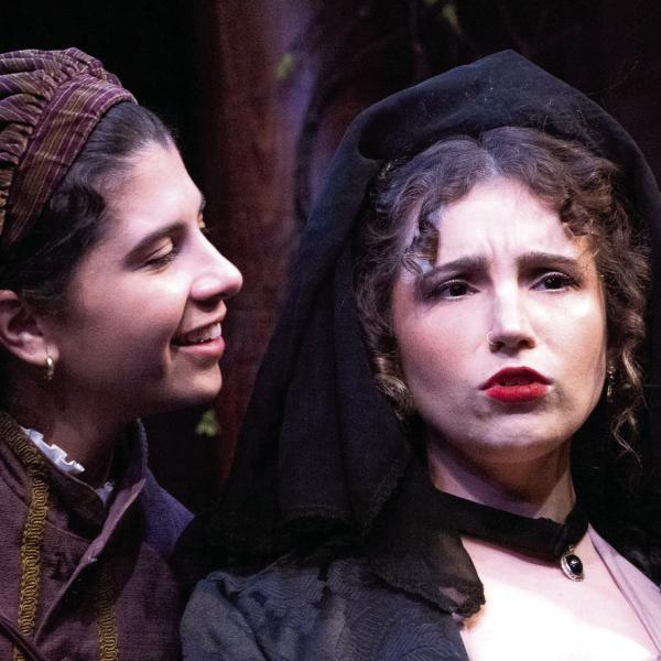 Alejandra Ruiz as Viola (left) has a discussion with Olivia, played by Anna Holland, in the Atlanta Shakespeare Company’s production of “Twelfth Night.” CONTRIBUTED