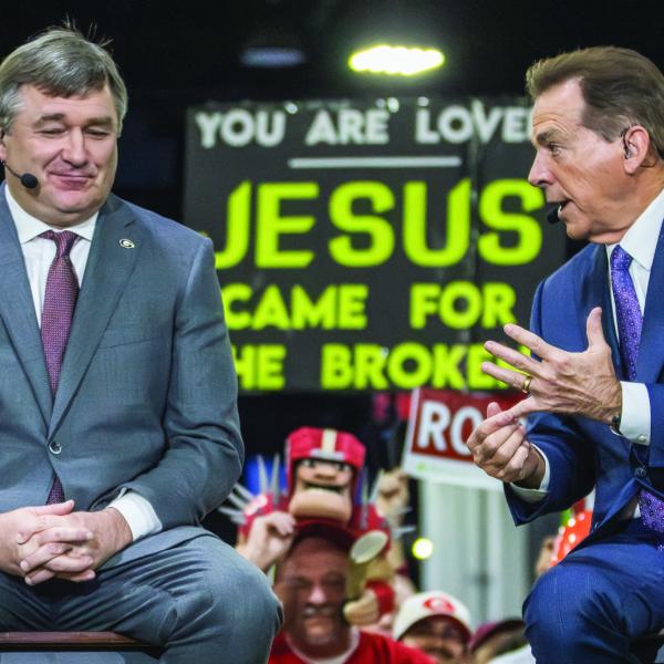 Georgia head coach Kirby Smart (left) and former Alabama head coach and ESPN analyst Nick Saban speak on College Game Day ahead of the championship game at Mercedes-Benz Stadium in Atlanta. SKYLA MORRIS/Staff