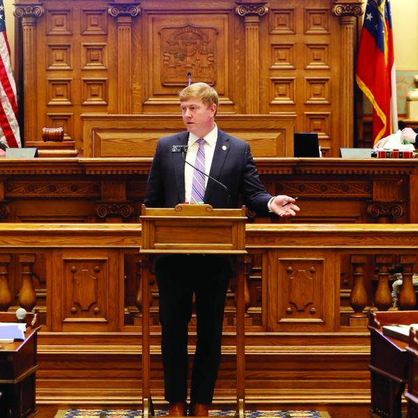 Sen. Blake Tillery, R-Vidalia, discusses House Bill 973 on the Senate Floor at the Georgia Capitol. ASHTIN BARKER/Capitol Beat