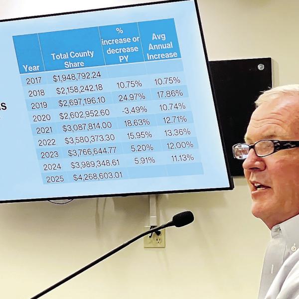 Putnam County Manager Paul Van Haute addresses local politicians on Monday, describing the history and potential of a local SPLOST. IAN TOCHER/Staff