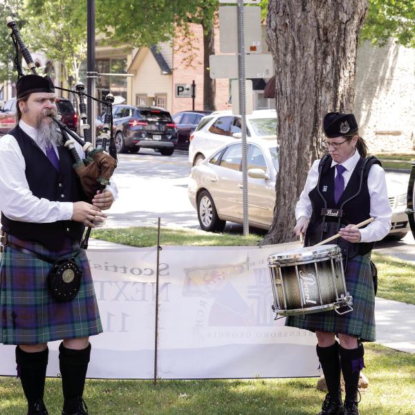 Bagpipers and drummers play outside as attendees arrive to First Presbyterian Church in Greensboro for Scottish Heritage Day. LEIGH LOFGREN/Staff
